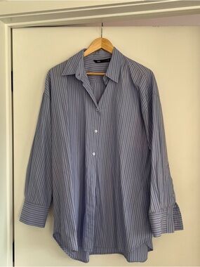 Zara Oversized Blue Pinstripe Button Down Shirt Size L Classic Relaxed Fit